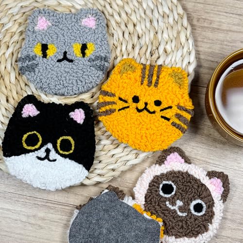Morledoa Punch Needle Coasters Kit, Cat Punch Needle Kits Adults Beginner