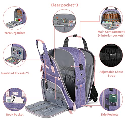 SINVICKO Crochet Bag, Knitting Bag Backpack and Totes Organizer with USB Charging Port, Large Yarn Storage Tote Bag - color: Purple