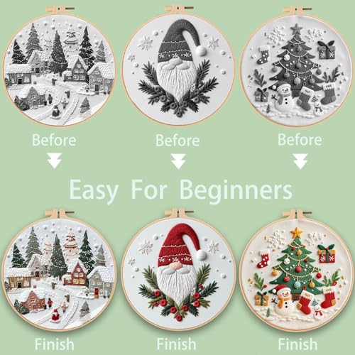 Ohcol 3 Sets Christmas Embroidery Kit,Cross Stitch Kits for Beginners,Needlepoint Kits for Adults with Easy Floral Pattern Hand Crafts,Hoop,Needle - color: Christmas