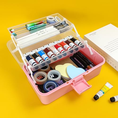10Inch Tackle Box Organizer and Storage,Three-Layer Sewing Box With 2 Trays - color: PINK
