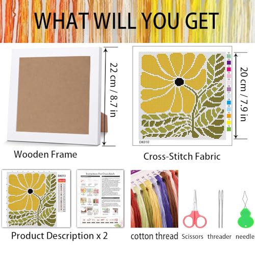 Flower Stamped Cross Stitch Kits for Adults Beginners with Wooden Frame - color: Sunflower Cross Stitch with Frame