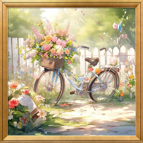 Leczany Cross Stitch Stamped Kits Patterns Craft Kit Needlepoint Full Range of Embroidery Starter Kits Beginners for DIY 11CT 3 Strands | Bicycle and Flowers 16.5×16.5 inches - color: 11CT Stamped kits,Bicycle and Flowers 16.5×16.5 inches