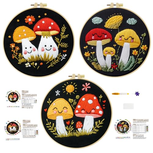57lilina Embroidery Kit for Beginners, Pack of 3 with Hoop, Threads, Needle - color: Mushroom
