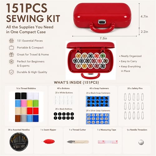 FKOG Sewing Project Kit, 151 Pcs Family Sewing Supplies Repair Kit Traveler Sewing Kit Sewing Thread Accessories DIY Sewing Supplies Organizer (Dark Red) - style: Dark Red