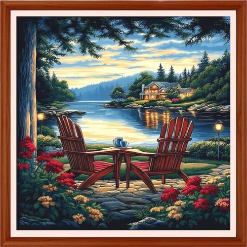 Redxing Counted Cross Stitch Kit for Beginners,Unprinted Needlepoint Kits for Beginners Cross Stitching Embroidery Kit 11CT Stitches kit-Lakeside Scenery 18x18 inch - color: Setpattern01