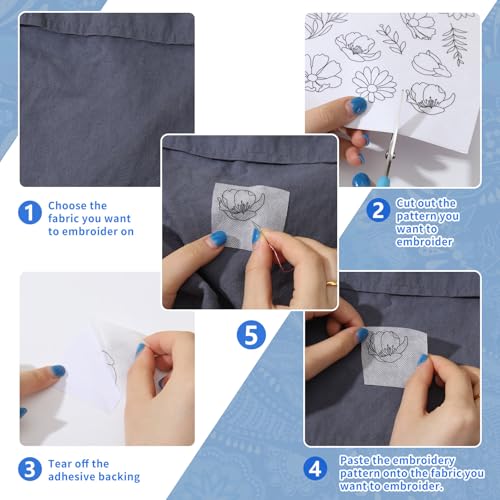 ORIGACH 4 Sheets Large Water Soluble Embroidery Patterns Stabilizers - Pre-Printed Floral, Plants, Mushroom & Bonsai Designs - Stick & Stitch Embroidery Paper for Hand Sewing Lovers - color: Floral Plants Mushroom & Bonsai