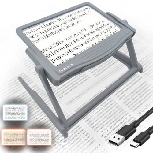 MAGNIPROS 5X LED Page Magnifying Glass, Detachable Stand, 3 Color Modes - color: Gray