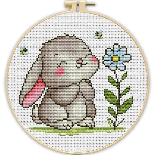 Stamped Cross Stitch Kits for Beginners-Cute Rabbit,with Embroidery Hoop - color: Cross Stitch-Rabbit