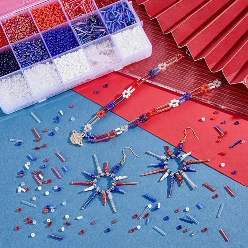 PH PandaHall 5000pcs+ 3mm Glass Seed Beads for 4th of July, 15 Style Patriotic Bead Bugle Beads Red Blue Bead for Jewelry Making Bracelet Necklace, DIY Craft, Sewing, Embroidery, Independence Day - color: Red White Blue
