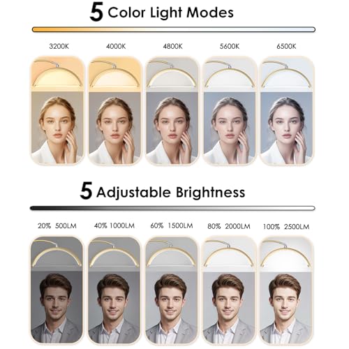 Lash Light, 2500LM Half Moon Light with Tool Tray, 2X Magnifier, Phone Holder for Nail Art, Tattoo, Eyelash Extension, SPA Lighting, Floor Esthetician Lamp with Color & Brightness Adjustment - color: Golden