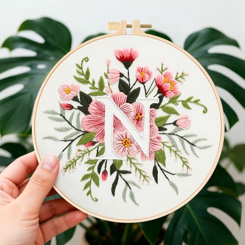 Zerzsy 7.87 '' Embroidery Kits Plant Flower Leaf English Letter Patterns for Beginners Adults, Easy to Learn Cross Stitch Kit for Home Office Decor - color: Letter N