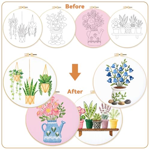 BEUNITONE 4 Set Embroidery Kit for Beginners, Vase Plants Cross Stitch Kits, Needlepoint Kits for Adults with Instructions and Full Kit, Creative Hand Embroidery Patterns for Cloth and Home Decor - style: B-Potted Plant
