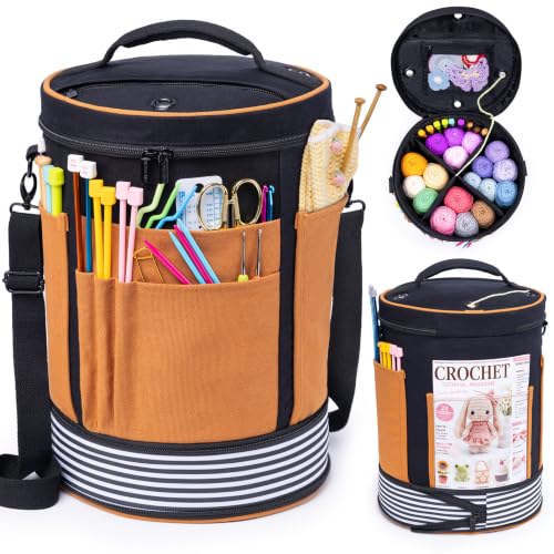 Canvas Yarn Storage Organizer with Removable Dividers, Crochet&Knitting Bag - color: Black Sand