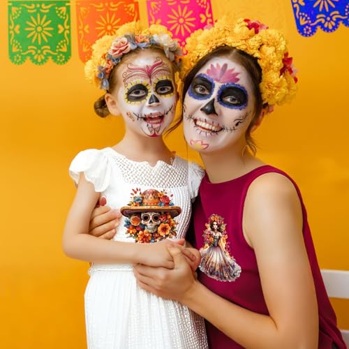 Dtf Transfers Ready to Press -24Pcs Day of The Dead Clipart Iron on Decals Day of The Dead Heat Transfer Mexican Culture Sugar Skull Clipart Vinyl Stickers for Clothing Pillows Bag DIY Crafts - color: Day of The Dead