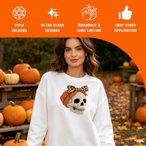 Dazoratix Fall Iron on Transfers - 24 Sheets Pumpkin Cozy Season DTF Ready to Press Cute Ghost Bow Heat Patches Autumn Thanksgiving Vinyl Stickers Decals for T Shirts Clothes Hoodies Pillow DIY Crafts - style: Fall Pumpkin
