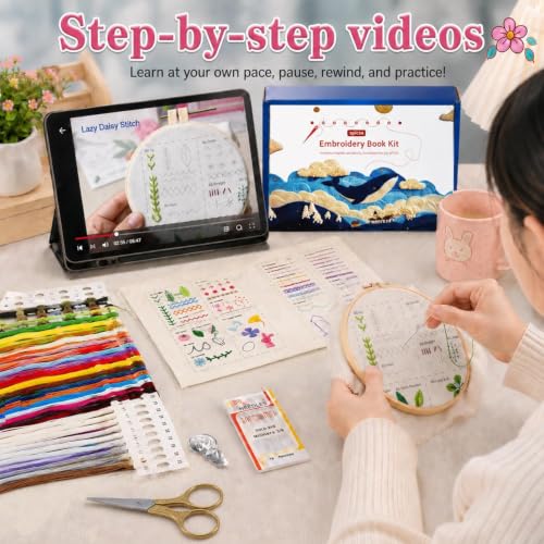 spicssa Beginner Embroidery Stitch Book Kit, 79 Stitches, Video Tutorials - color: Blue