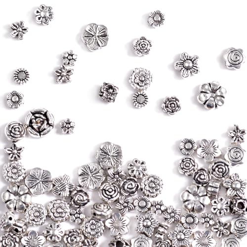 stino Silver Metal Spacer Beads for Jewelry Making, Heart Butterfly Flower Fish Beads for Bracelet Necklace Earrings,Jewelry Findings & Supplies, 50g (Flower (80pcs)) - color: Flower (80pcs)