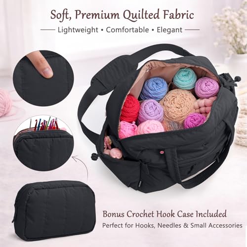 MYBAGZING Large Crochet Bag Organizer w/Crochet Hook Case & Yarn Grommets - color: Black
