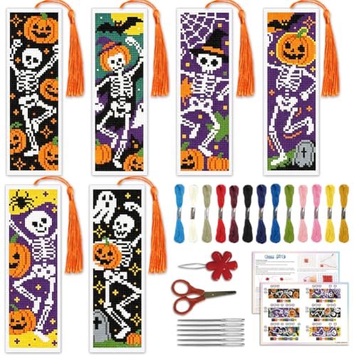ACRNIGHEET 6PCS Cross Stitch Bookmark Kit (Halloween Skeleton Pattern) - style: Halloween Skeleton with Tassel