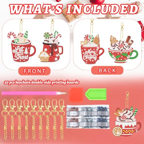Tondiamo 20 Pcs Christmas Diamond Painting Keychain Kits with Tools Hot Cocoa Themed Art Key Chain Craft Kits Merry Christmas Cute Hanging Handmade 5D Art and Craft Supplies Accessories - style: Hot Cocoa
