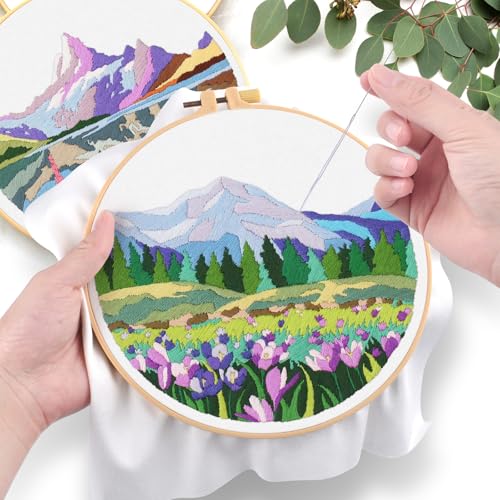 ERKOON Embroidery Kit for Beginners, 5 Sets Flower Cross Stitch Set for Adults Include Embroidery Cloth Hoops Threads for Craft Lover Hand Stitch with Skill Techniques (Landscape) - color: Landscapes