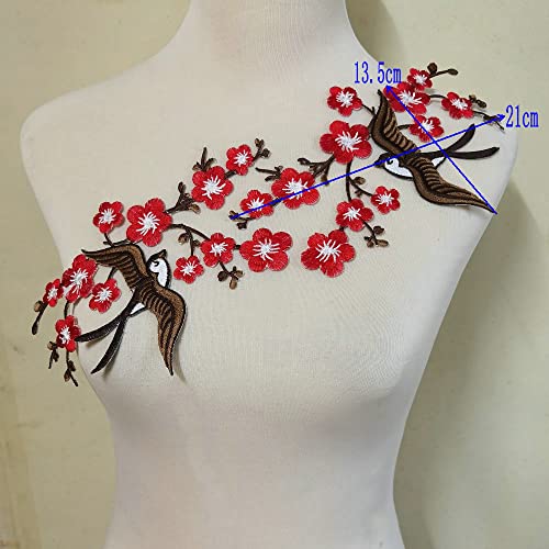 1pair Quince Sakura Flower Embroidery Iron On Applique Patches (Red H) - color: Red H