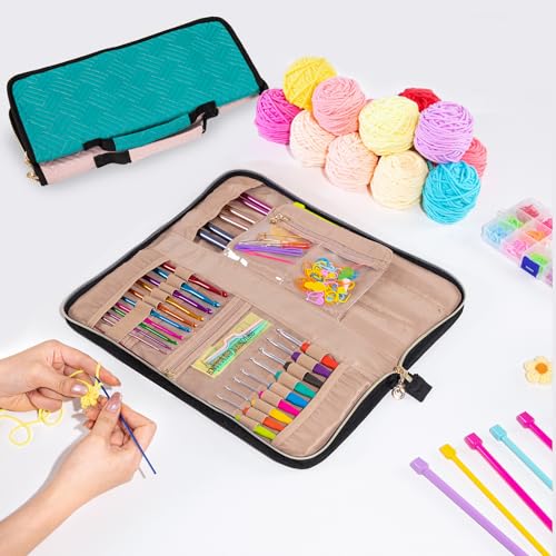 MYBAGZING Crochet Hook Case Organizer, Knitting Needle Case up to 14 Inches - color: Pink, size: 14 Inches