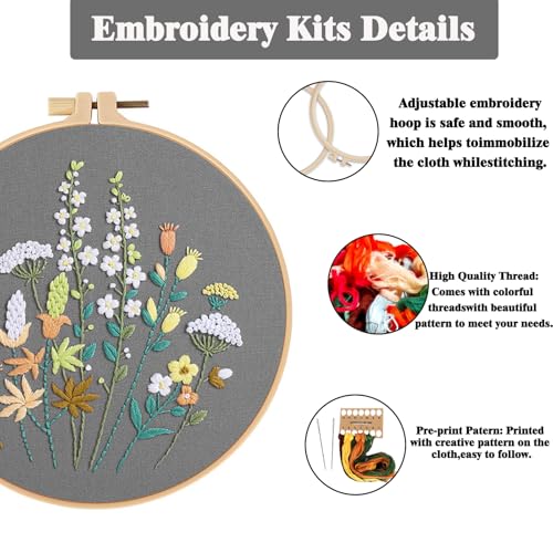 GLTAYLMY 3 Pack Embroidery Starter Kit for Beginners Stamped Cross Stitch Kits with Cute Flowers and Plants Patterns with 1 Embroidery Hoop and Color Threads for Adults - color: FEKOW