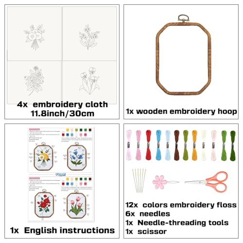 ORIGACH 4 Set DIY Flower Embroidery Kit for Beginners Adults - style: Flowers