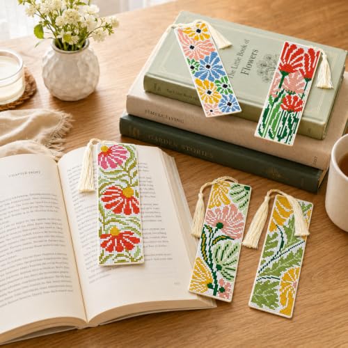 5 Pack 70s Retro Floral Cross Stitch Bookmark Kits for Adult Beginners - color: Mid-Century Modern Flower Bookmark