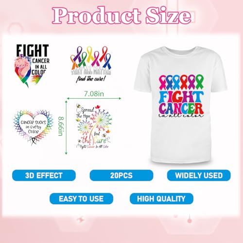 Dtf Transfers Ready to Press - 20Pcs Fight Cancer Iron on Transfers Cancer Awareness Iron on Decals Cancer Warrior Victim Heat Transfer Vinyl Stickers for Clothing Pillows Bag DIY Crafts - color: Fight Cancer