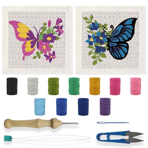 BEUNITONE 2 Sets DIY Punch Needle Kits for Beginners,Butterfly Pre-Printed Pattern,Embroidery Punch Needle Starter Kits for Adults,Includes Pre-Printed Cloth,Yarns,Hoops,Threader and Instructions - color: 05-Butterfly