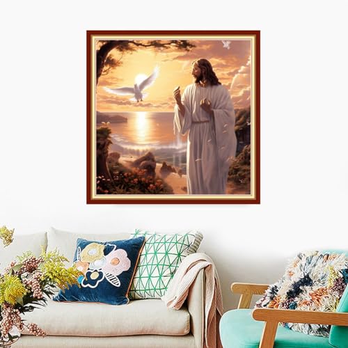 Foxdiviy Stamped Cross Stitch Kits Full Range of Embroidery Needlework Starter Kits for Beginners Adults 11CT Embroidery Patterns Art Crafts DIY Needlepoint Kits-Jesus by the Sea 18x18 inch - color: Stamped Set 30