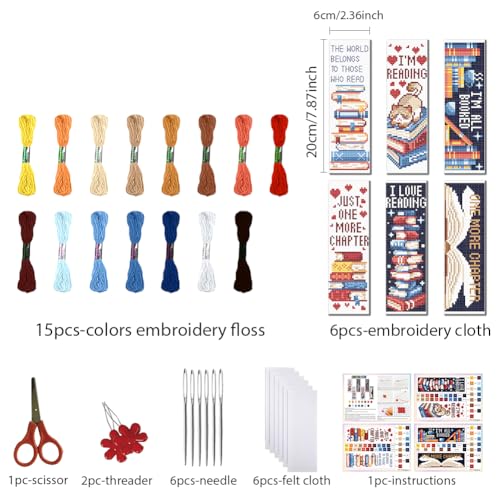 FREEBLOSS 6 Set Cross Stitch Bookmark Kit 11CT DIY Cross Stitch Kits Books Pattern Stamped Embroidery Kit with Instructions Bookmark Making Set for Adult Beginners 8x2.4inch
