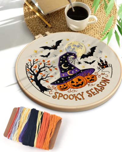 TINDTOP Halloween Embroidery Kit for Adult, Embroidery DIY Starter Kit, with Stamped Patterns, Hoop, Tools, Colorful Threads with Needles, Instructions (Halloween A) - color: Halloween A
