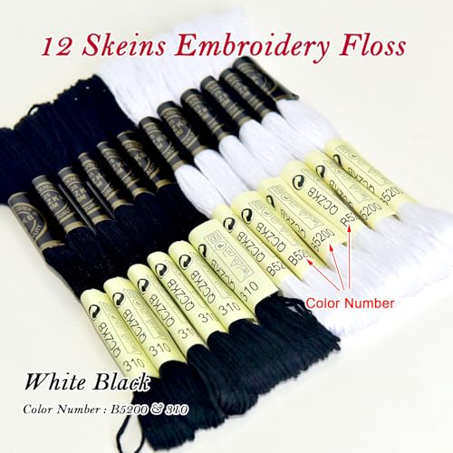 Premium Rainbow Color Embroidery Floss - Cross Stitch Threads - Friendship Bracelets Floss - Crafts Floss - 12 Skeins Per Pack Embroidery Floss,White Black - color: white black