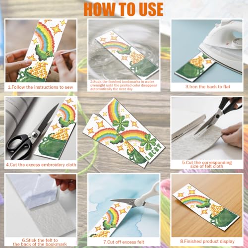 FREEBLOSS 6 Set Cross Stitch Bookmark Kit 11 CT Stamped Cross Stitch Kit DIY Embroidery Bookmark Kits for Adult Beginners with Instructions, St. Patrick's Day, 6 x 20 cm/8" x 2.4" - style: Saint Paul pattern