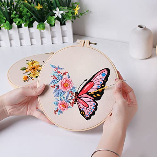 Konrisa Embroidery Starter Kits with Butterfly Flower Pattern, Stamped Cross Stitch Kits for Beginners Adults DIY Sewing Include Embroidery Hoop Embroidery Fabric Threads and Needles,Set of 2 - color: Butterfly01
