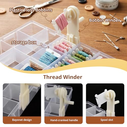 Embroidery Floss Organizer, Cross Stitch Thread Storage Box with Removable 14 Compartments Embroidery Thread Organizer Includes 120 Plastic Bobbins, Stickers, Bobbin Winder for DIY Sewing Crafts