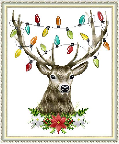 Cross Stitch Stamped Kits 11CT 14X16 inch Pre-Printed Cross-Stitching Starter Patterns for Beginner Kids or Adults, Embroidery Needlepoint Kits Christmas Deer - color: Christmas Deer 14x16 Inch