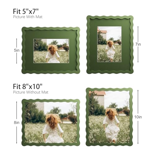 8x10 Picture Frame with Mat for 5x7, Wavy Edge Wooden Real Glass Photo Frame for Tabletop and Wall Hanging, Green, 1 Pack - color: Green, size: 8x10 in