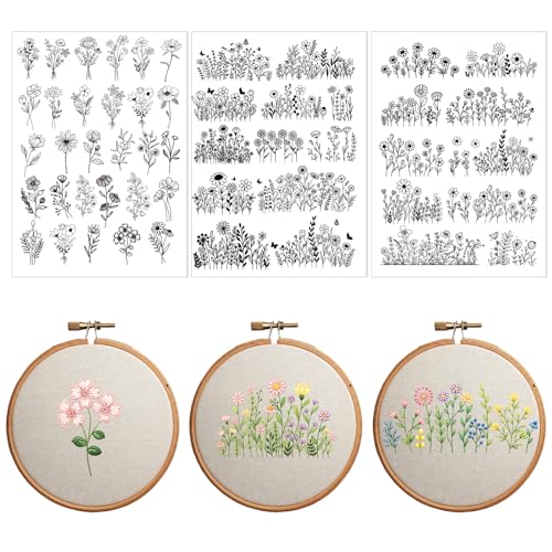 Water Soluble Embroidery Patterns Stabilizers, 3 Sheets 50 Pcs Floral Stick and Stitch Embroidery Papers Wash Away, Pre-Printed Boho Floral Pattern Transfers for Hand Sewing Lovers Beginners - size: Boho Floral