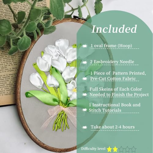 FONNUY Ribbon Embroidery 3D Flowers Pattern Design Kit Embroidery DIY Handwork Set Oval Home Decoration (White Tulip) - style: White Tulip