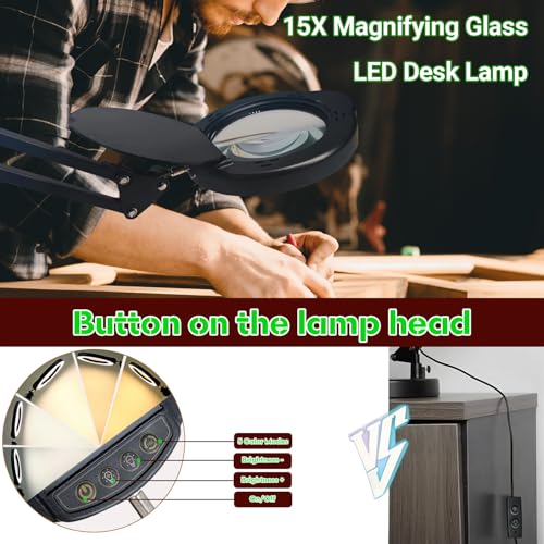 15X Magnifying Glass with Light and Clamp, 5 Color Modes 10 Levels Adjustable Brightness, 2-in-1 Desk Lamp with Clamp, Hands Free Magnifier with Dust Cover for Craft Hobby Reading Repair Close Works