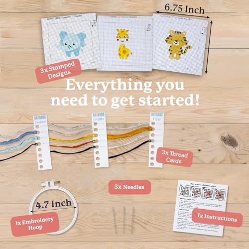 Kraftex Floral Stamped Cross Stitch Kits for Beginners - 3 Pack. DIY Embroidery Needlepoint Patterns for Adults. Easy Cross Stitch Kits for Beginners (Zoo Creatures) - style: Zoo Animals
