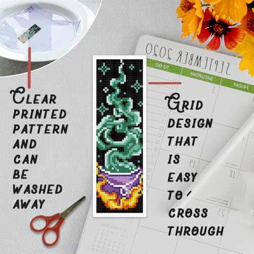 BEUNITONE 6 Pcs Cross Stitch Bookmark Kit for Beginner Magic Stamped Cross Stitch Kit for Adults Printed Embroidery Bookmarks Kits with Instruction for DIY Crafts Book Lovers 8.5''x3'' - style: Magic Element