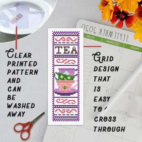 BEUNITONE 6 Pcs Cross Stitch Bookmark Kit for Beginner Coffee and Sweet Time Theme Hand Embroidery Kit with Instruction Tea Stamped Embroidery Bookmarks Handmade for DIY Crafts Book Lovers 8.5''x3'' - style: Afternoon Tea