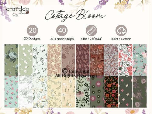 Craftido-20 Options-100% Cotton Jelly Roll Fabric Precut Strips for Quilting, Crafting, and Sewing, 40 Strips 2.5" x 44" Assorted Bundles for Rug, Quilt Project, DIY Craft and Home Decor-Cottage Bloom - color: Cottage Bloom