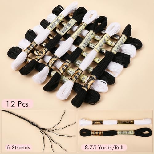 12 Skeins 105 Yards Black White Embroidery Floss Thread for Craft - color: Black,white