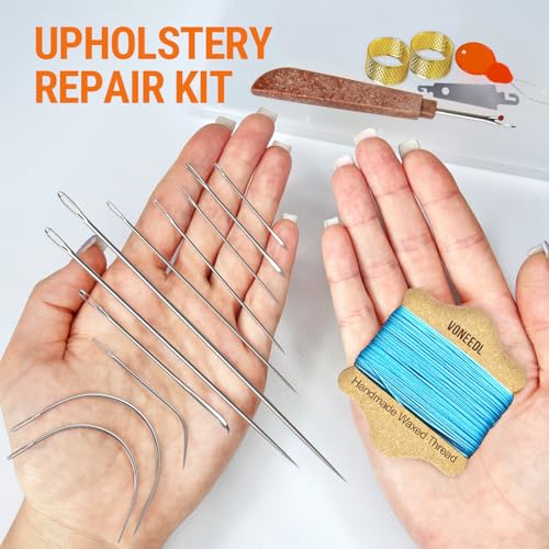 VONEEDL Upholstery Repair Kit: Waxed Sewing Thread (Light Blue Color) & Heavy Duty Needles (11 PCS) for Leather, Canvas & Quilting Thread - color: Light Blue
